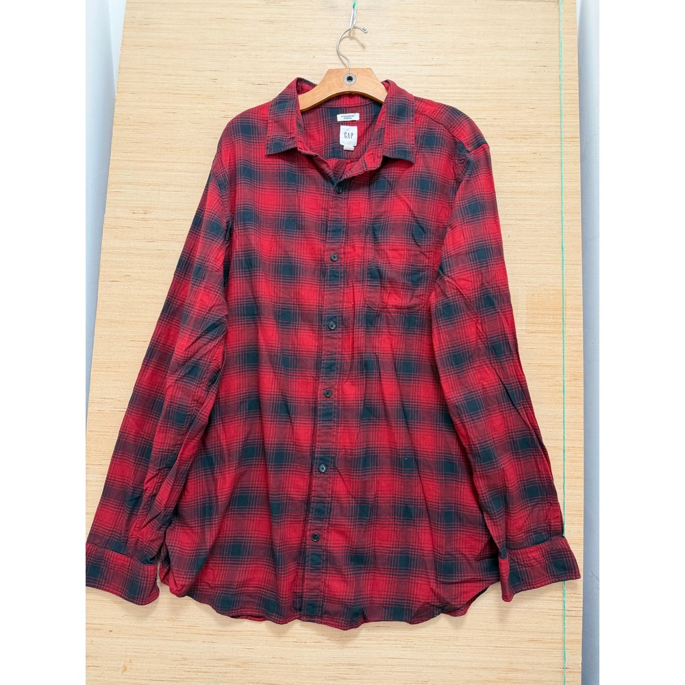 GAP Mens XL Tall Red Black Plaid Standard Fit Stretch Button Down Shirt Long Slv